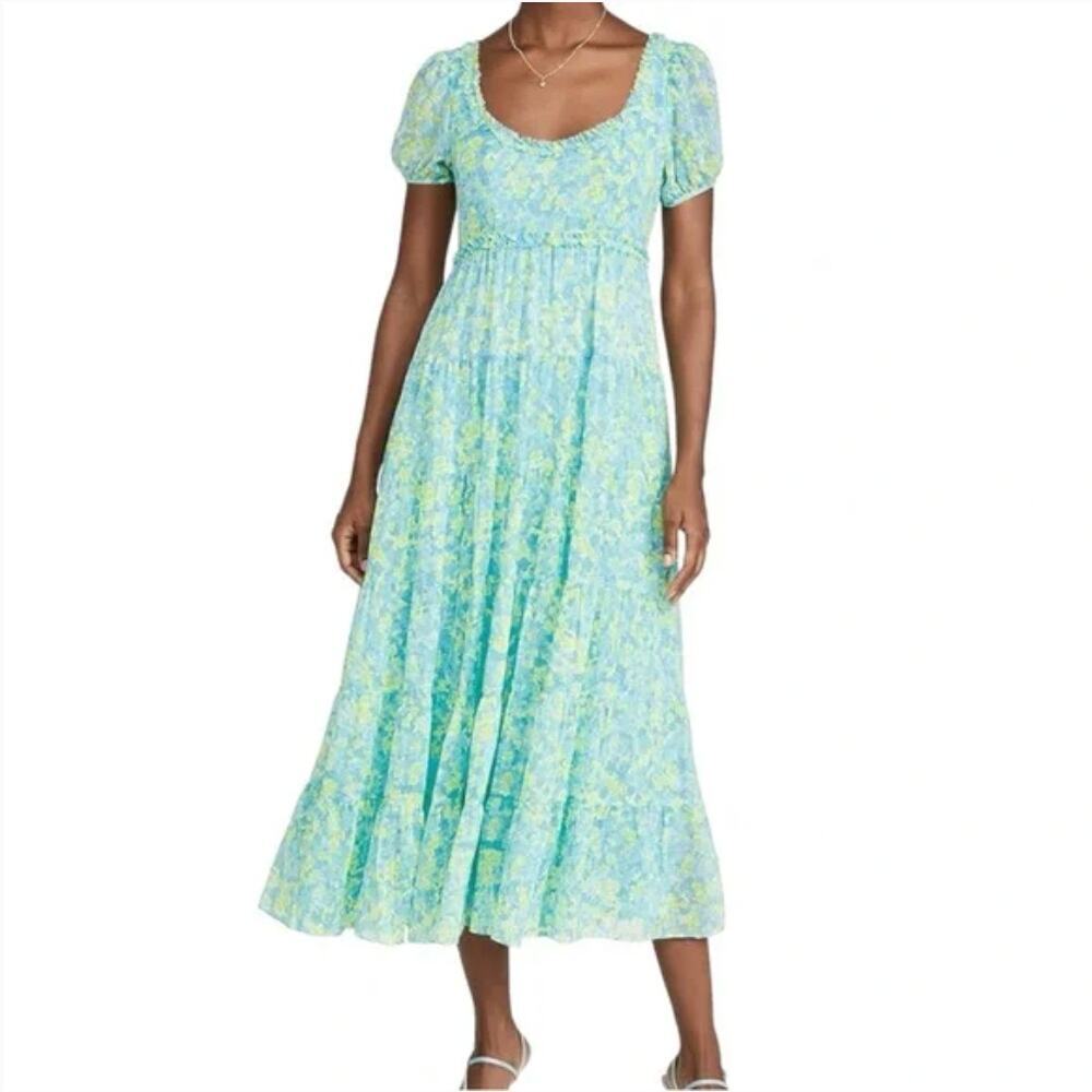 NEW LIKELY $258 Blue Floral Chloe Tiered Midi Dress